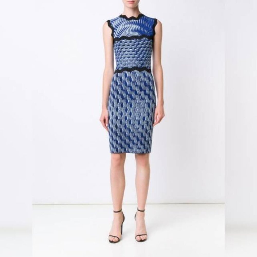 Mary Katrantzou PF/16 Swisher Blue Sleeveless Wavy Print Knit Dress